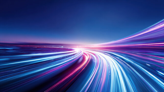 long exposure light trails along futuristic highway curving into night horizon blue and purple tones dynamic motion illustration concept scene visual for commercial design use high detail quality stoc