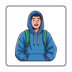 Happy Student in Blue Hoodie with Backpack, Cartoon Style Illustration