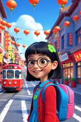 Girl with Glasses in Vibrant Street Scene