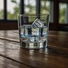 Glass of Water with Ice Cubes on Rustic Table