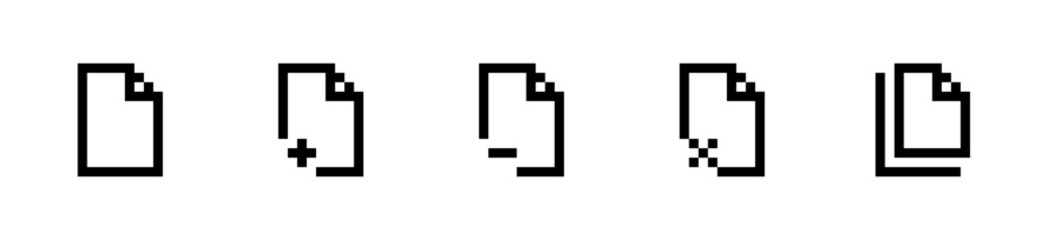 Minimal Pixel Art File Document Icons Set Representing Add, Remove, Delete, and Copy Actions for Professional UI and Software Interface Design on White Background