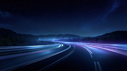 long exposure light trails along futuristic highway curving into night horizon blue and purple tones dynamic motion illustration concept scene visual for commercial design use high detail quality stoc