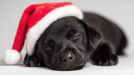 A sleeping black Labrador puppy wearing a red Santa hat. The puppy has closed eyes and a relaxed expression, resting on a light background.