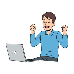 Joyful Man Celebrating Success on Laptop, Cartoon Style Illustration