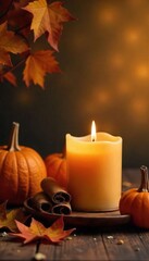 Cozy autumn scene with burning cinnamon candle, fall leaves, and warm-toned background Perfect for seasonal marketing and blog posts about home decor and autumnal vibes , background, yellow