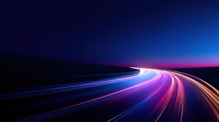 long exposure light trails along futuristic highway curving into night horizon blue and purple tones dynamic motion illustration concept scene visual for commercial design use high detail quality stoc