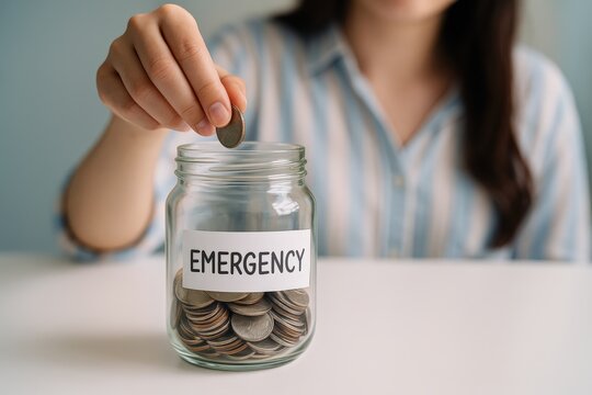 Woman adds coin to emergency fund jar, reinforcing financial security and peace amidst rising inflation, showing simple budget planning