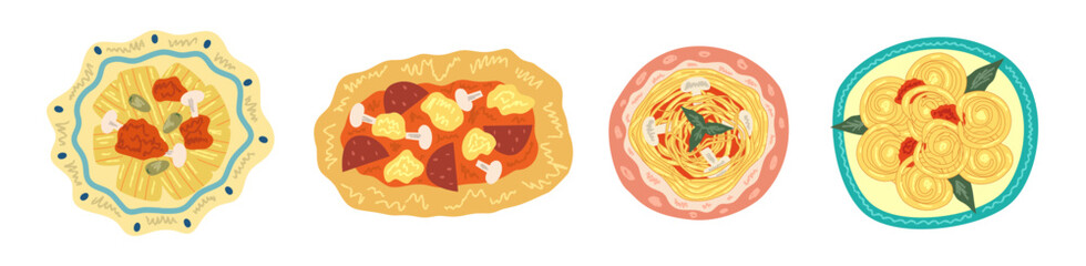 Pasta Italian food on plate isolated. Pasta and pizza with sauce. Vector hand drawn. Italian food with crayon texture