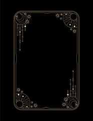 Golden boho frame. Cosmic rectangular frame with moon and sun on black background