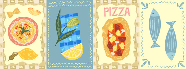Food poster with pasta and cheese. Italian food poster. Kitchen postcard with Italian spaghetti, cheese and fish