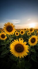 Golden Sunflowers in Full Bloom at Sunset.