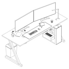 Computer setup contour drawing features a desk with dual monitors, keyboard, mouse, coffee cup, and potted plant.