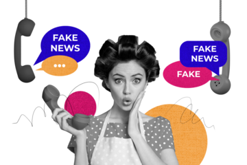 Creative collage young shocked houseworker woman apron telephone call listen landline center fake news propaganda falsification mass media