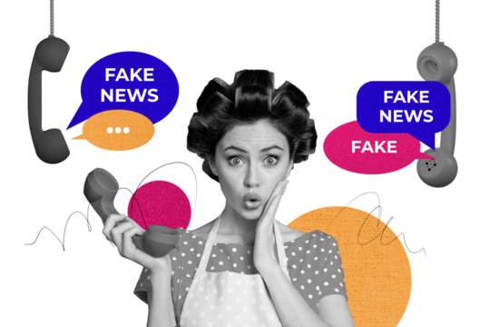 Creative collage young shocked houseworker woman apron telephone call listen landline center fake news propaganda falsification mass media