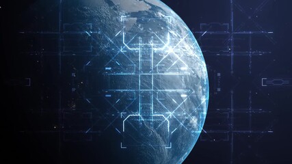 A complex, high-tech grid and interface scans over planet Earth from space, sci-fi concept for global data networks or futuristic surveillance - Powered by Adobe