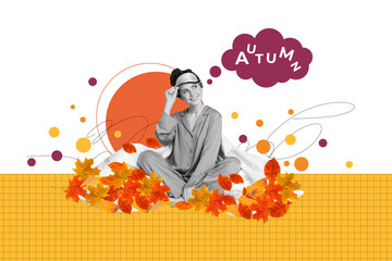 Composite trend artwork image photo collage of copybook page autumn letters young lady student wake up sleep wear think cloud fall leaves