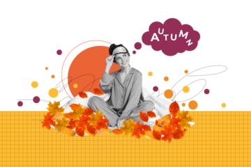 Composite trend artwork image photo collage of copybook page autumn letters young lady student wake up sleep wear think cloud fall leaves