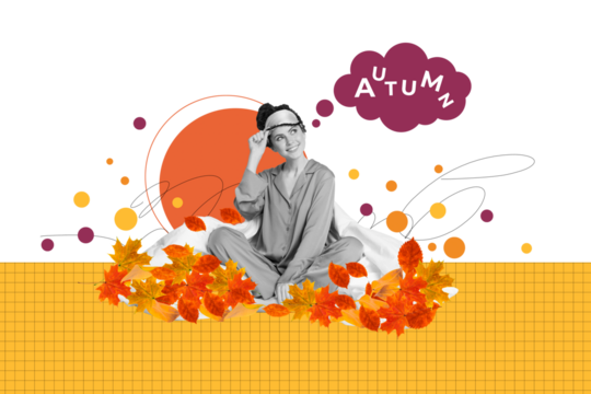 Composite trend artwork image photo collage of copybook page autumn letters young lady student wake up sleep wear think cloud fall leaves