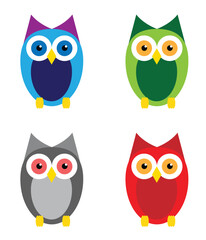Cute Cartoon Owls Different Colors Set Isolated on White. Funny birds illustration design for children vector art