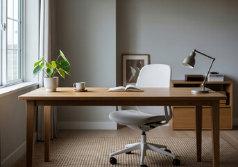 A tranquil and modern home office with a clean, minimalist design aesthetic. A light wood desk is paired with a modern white chair on a natural fiber rug.