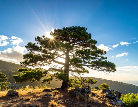 A majestic pine tree bathed in golden sunlight, high atop a rocky hill, overlooking a landscape of mountains and sea