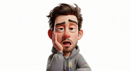 3D animated character of a tired, sleepy man yawning with his hand on his cheek against a white background.