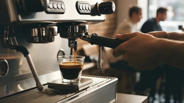 Barista at espresso machine pulling espresso shot, steam rising, blurred cafe background, warm light, stock photo style.