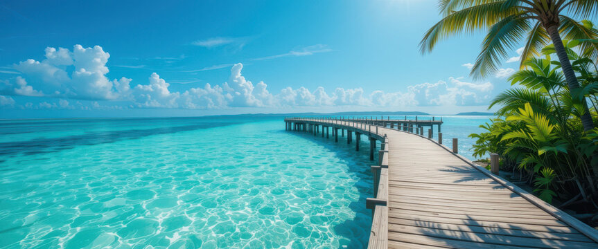 Relaxing beach walk on serene wooden pier maldives scenic landscape tropical paradise clear blue waters - Powered by Adobe
