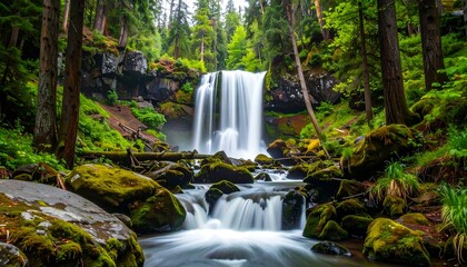 Naklejka premium Lush waterfall cascading through a mossy forest