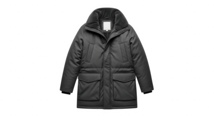 Dark grey padded parka jacket isolated on transparent background