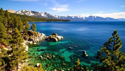 Scenic lake vista with pine trees