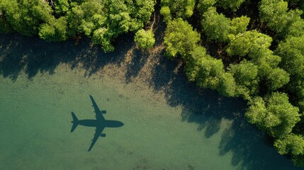 Commercial passenger aircraft shadow crossing pristine tropical mangrove forest ecosystem showcasing sustainable aviation fuel innovation for environmentally responsible air travel business concept.