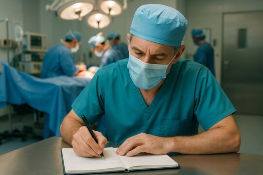Surgeon writing notes on his notebook after a surgical transplant operation in an operating room