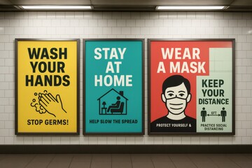 Posters in subway station are promoting safety measures like washing hands, staying at home, wearing face mask and keeping social distance to prevent spreading of virus during coronavirus pandemic