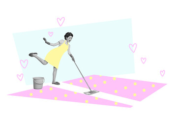 Composite photo collage of happy girl housemaid dance mop floor cleaning household chores concept tidy isolated on painted background