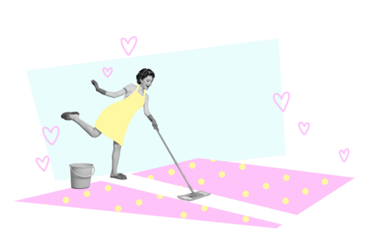 Composite photo collage of happy girl housemaid dance mop floor cleaning household chores concept tidy isolated on painted background