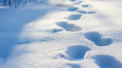 Naklejka premium Winter’s Silent Story: Charming Winter Footprints in Snow – A Trail of Boot, Sock, or Animal Prints Crisscrossing Fresh, Fluffy Snow, Each Impression Preserving Tiny Details of Treads or Paws