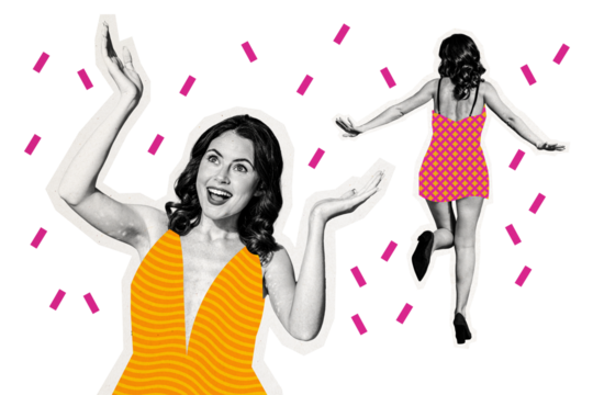 Composite photo collage of happy girls dance birthday party confetti occasion wear sexy short dress relax isolated on painted background