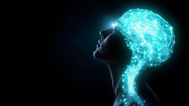 A woman's head with a glowing brain. Futuristic conceptual silhouette showing particle light flow from gut upwards to glowing brain, gut brain axis sci-tech blue teal black