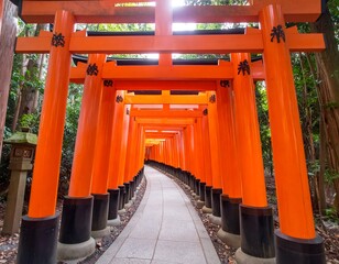 A path lined with vibrant orange torii gates