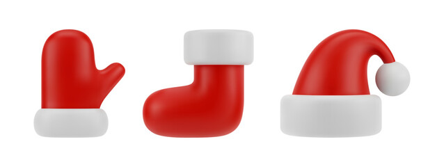 Hat and sock of santa claus, red fluffy soft hat of personage. Vector isolated xmas decorative items. 3d realistic festive objects for Christmas celebration and preparation. Warm clothing unform