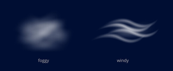 Weather conditions, foggy and windy. Vector in realistic style, set of meteorologic widgets or UI application icons. Wind and mist or fog, changes in temperature and atmosphere. Meteorology collection
