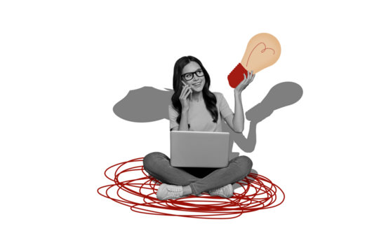 Composite trend artwork sketch collage of poster young lady student sit down hand hold lamp electricity idea creative laptop speech cloud