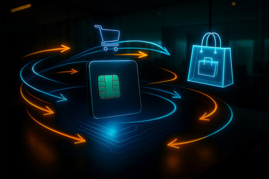 E-commerce concept with glowing sim card and online shopping icons
