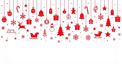 Festive Christmas background with hanging red ornaments including stars, snowflakes, trees, gifts, bells, reindeer, and other holiday symbols.