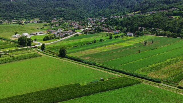 Aerial view of lush green patchwork fields in rural landscape. Village and forested hills in background. For agriculture or travel content, Berici Hills, Italy