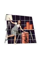 Vertical photo collage of beautiful girl receive salary banknotes dollars table coin stack torchere...