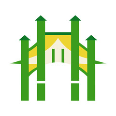 Stylized green and yellow bridge with towers