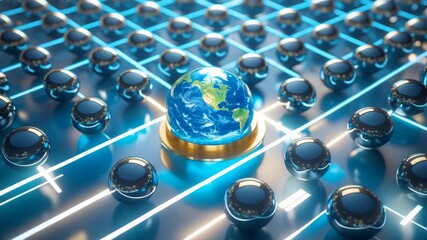 Digital globe placed on futuristic glowing network grid with metallic spheres connected in high technology system - Powered by Adobe