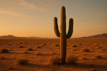 Majestic saguaro cactus rising proudly, glowing warmly under the vibrant hues of a desert sunset, surrounded by the vast, arid landscape